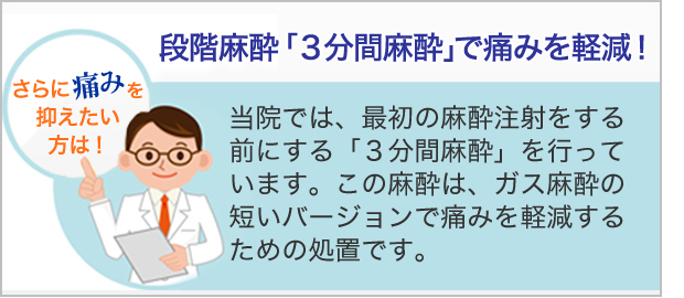 段階麻酔「3分間麻酔」で痛みを軽減!
